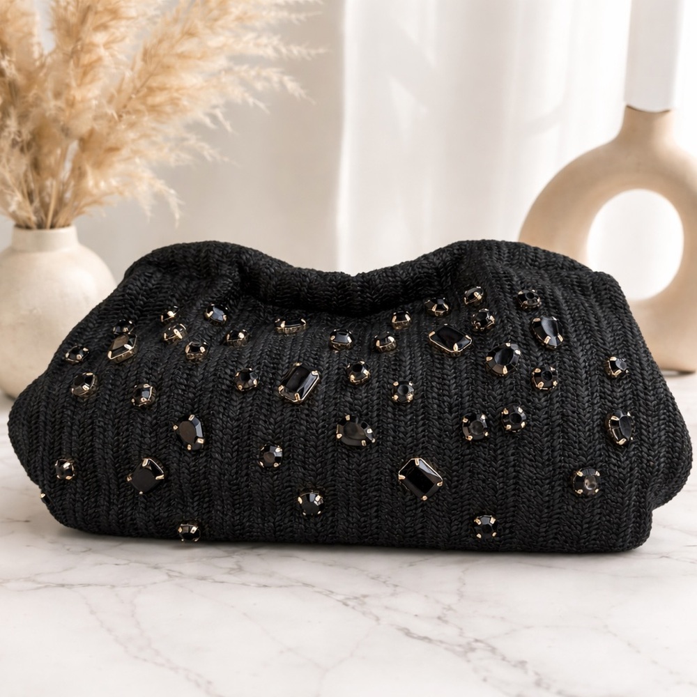Lilly Pulitzer Black Knit Rhinestone Clutch Sparkle Evening Bag NWT